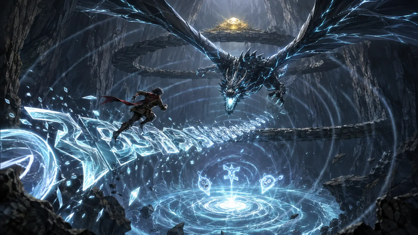 Dans une caverne verticale, un dragon d'echos plonge vers un aventurier qui traverse un pont forme par le mot lumineux devenu reel, au-dessus d'une breche sonore.