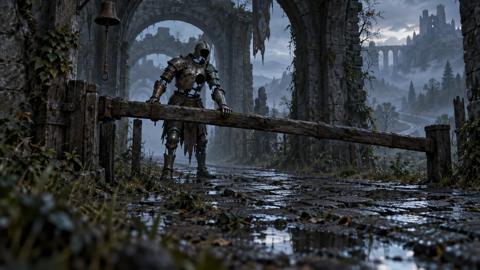 Armure du Péage Abandonné dans son environnement de péage désert du Cormyr.