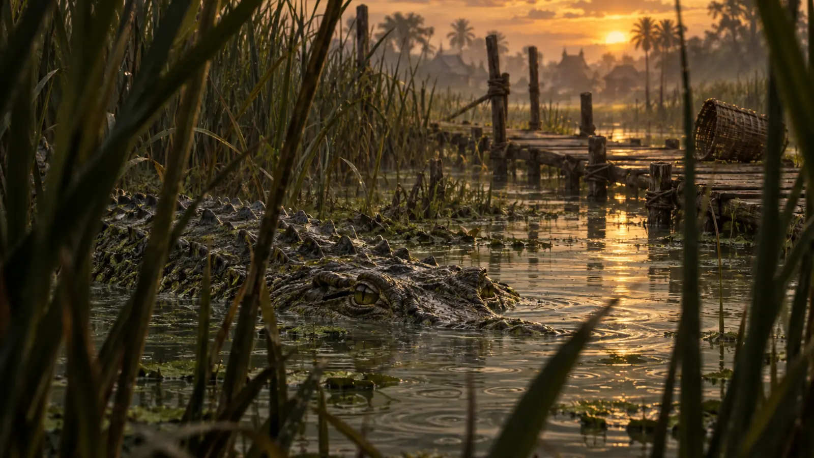 Crocodile des Roseaux de l'Ashaba dans son environnement de roseaux de l'Ashaba.