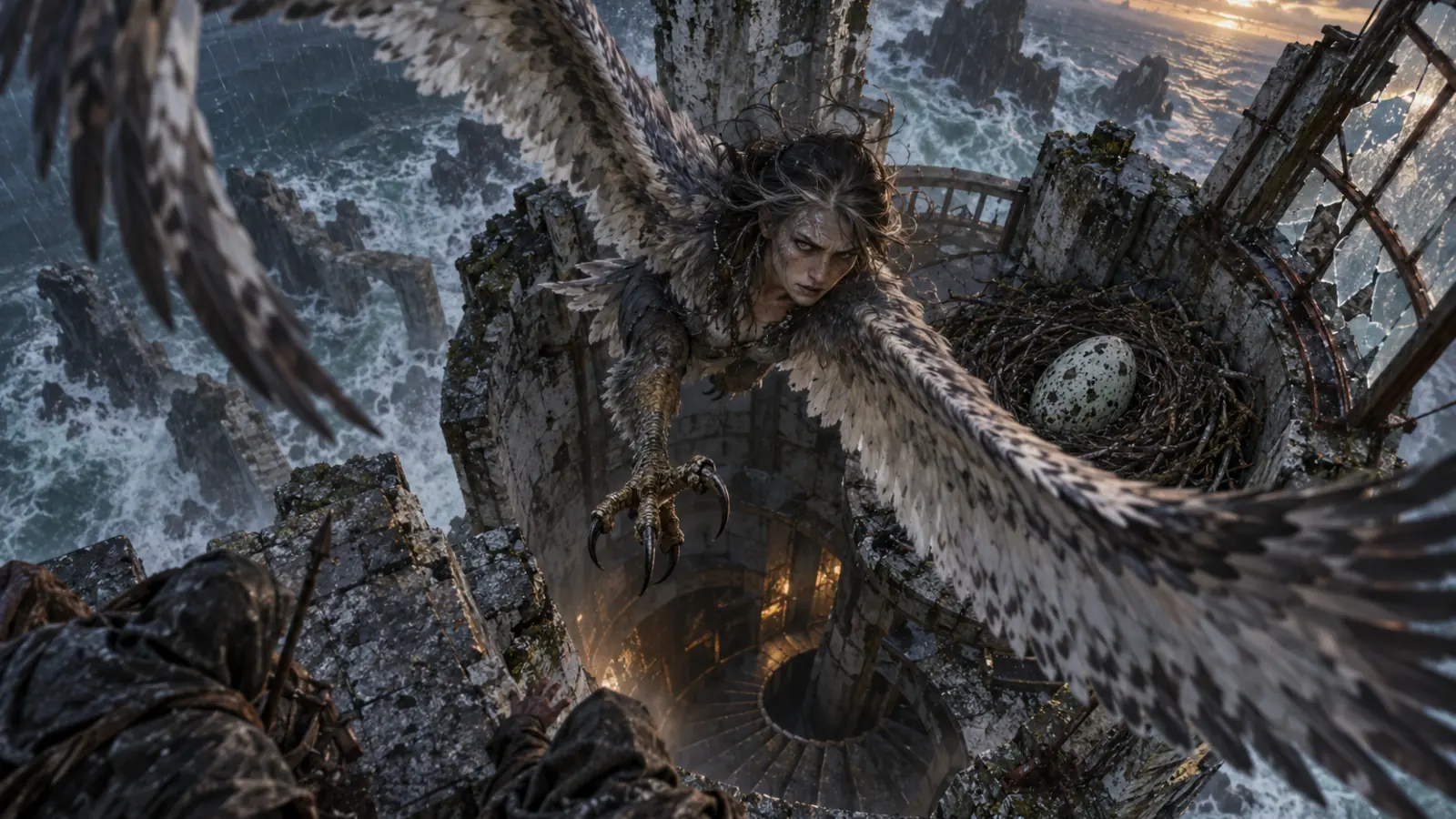Harpie du Phare Fendu dans son environnement de phare ruiné près de Port-Llast.