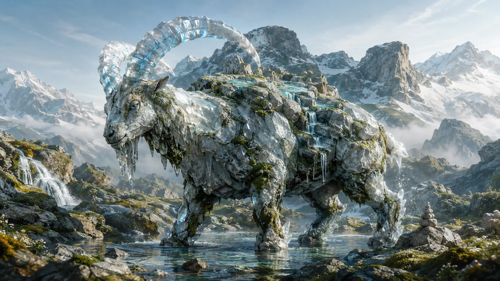 Grande créature de quartz laiteux semblable à un bouquetin minéral, portant des vasques d'eau claire sûr le dos près d'une source de montagne.