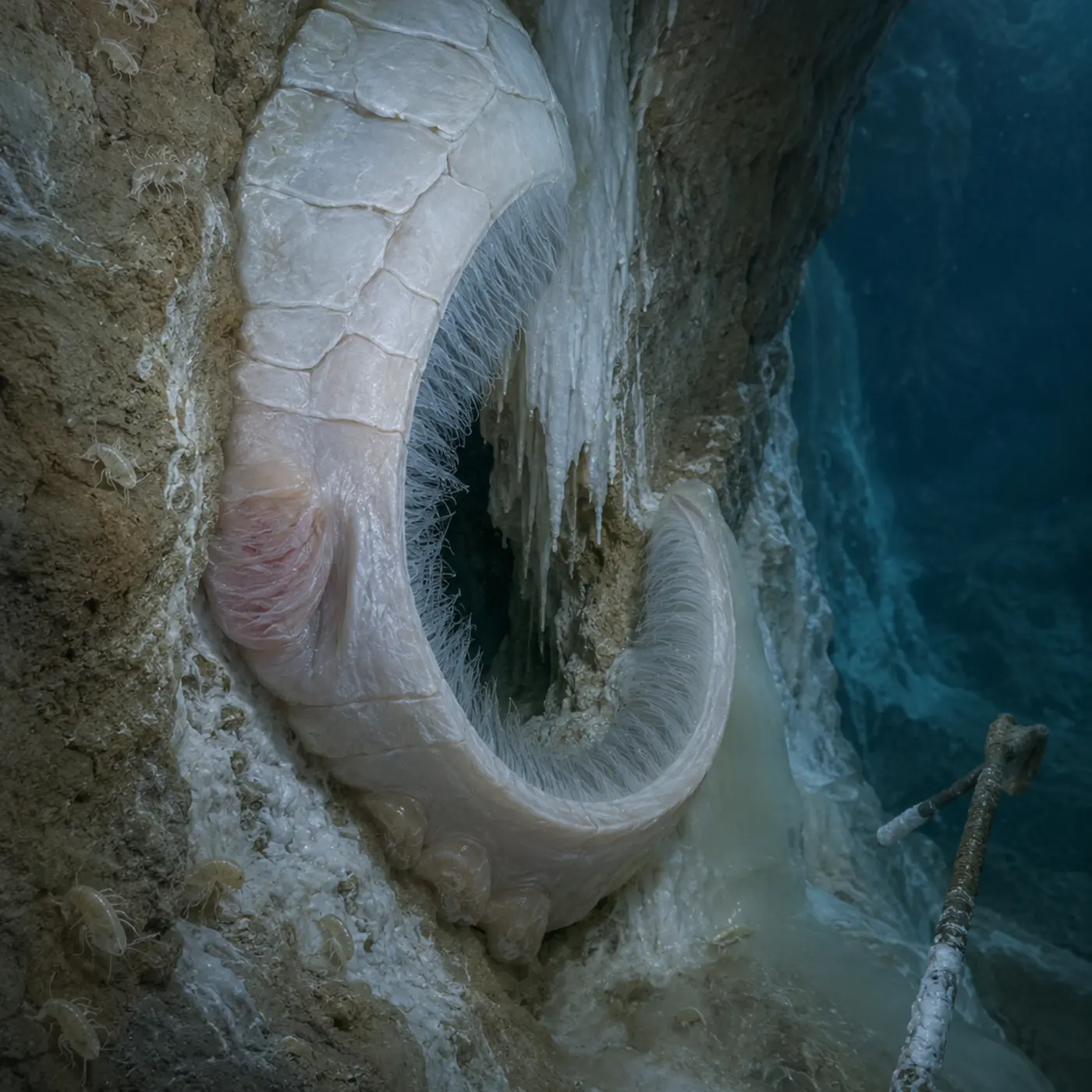 Créature cavernicole plate et souple, fixée à une paroi humide dans une faille inondée.