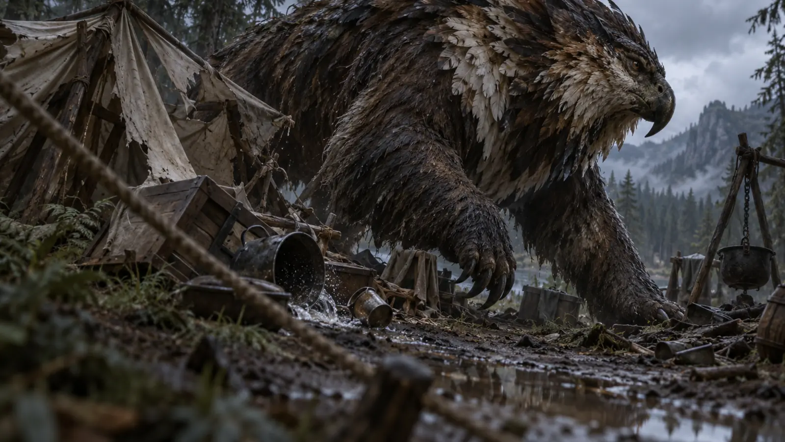 Ours-hibou du Camp Déplacé dans son environnement de clairière de la Haute-Forêt.