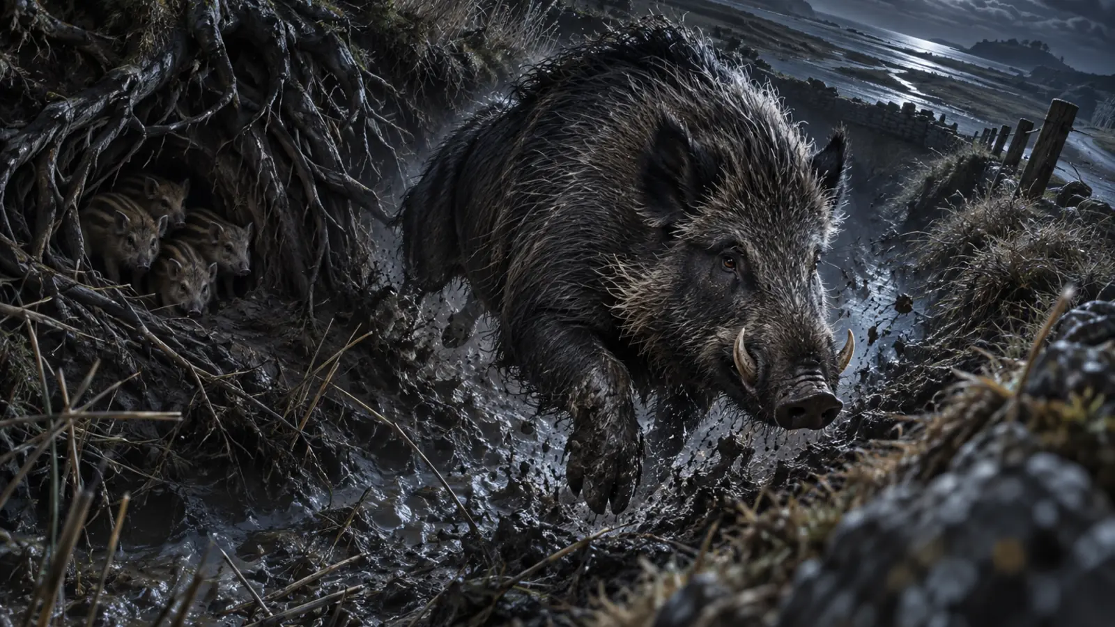Sanglier des Fossés Royaux dans son environnement de fossés d'une route du Cormyr.