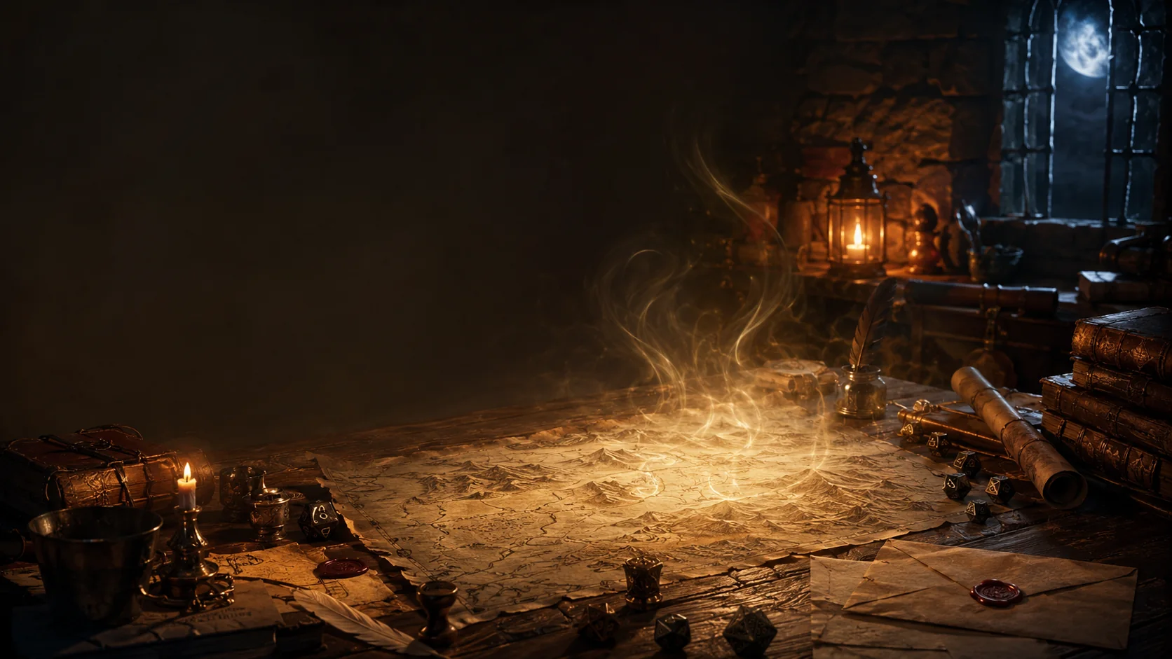 Table sombre de maître du jeu éclairée par une lueur magique, avec cartes, carnets et accessoires fantasy originaux.