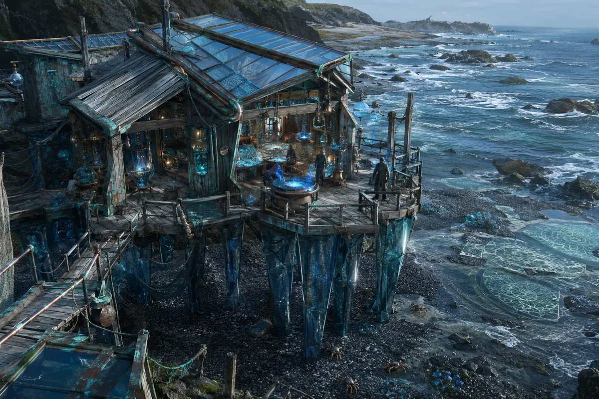 Atelier de verrerie magique sur pilotis de cristal au-dessus d'une crique, avec verrières inclinées, bassins lumineux et mer froide sous les planches.