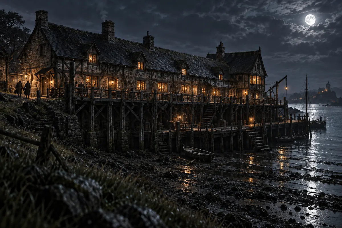 L’Auberge des Deux Marées, vue générale. Une salle longue aux fenêtres salies par le sel donne sur des quais utilisables à marée haute comme à marée basse.