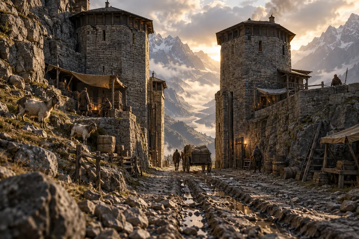 Le Bastion du Col des Chèvres, vue générale. Deux tours trapues encadrent un mur de pierre traversé par un chemin assez large pour une charrette.