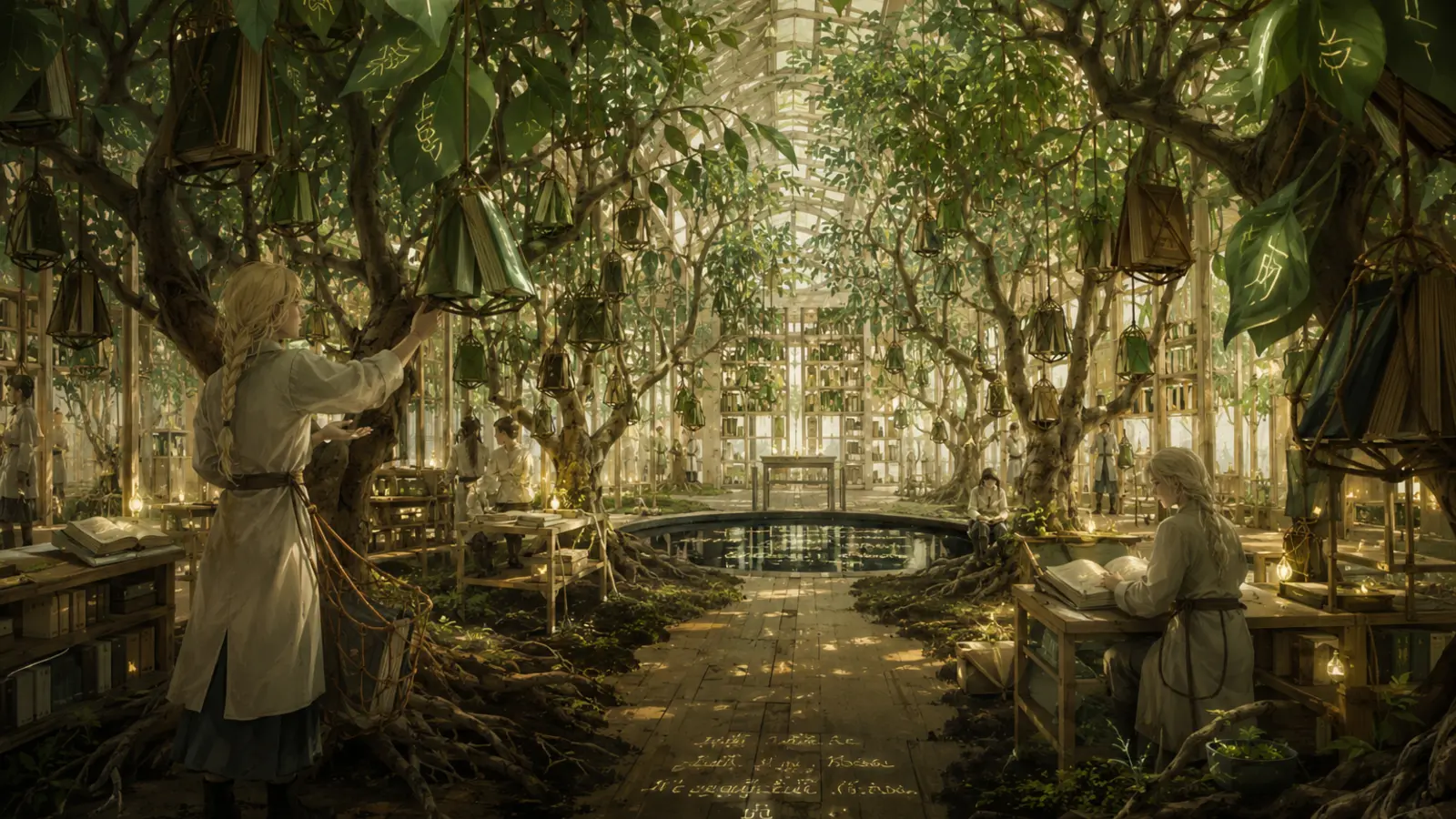 Serre-bibliothèque fantasy avec arbres portant des fruits en forme de livres et lecteurs sous une lumière verte.