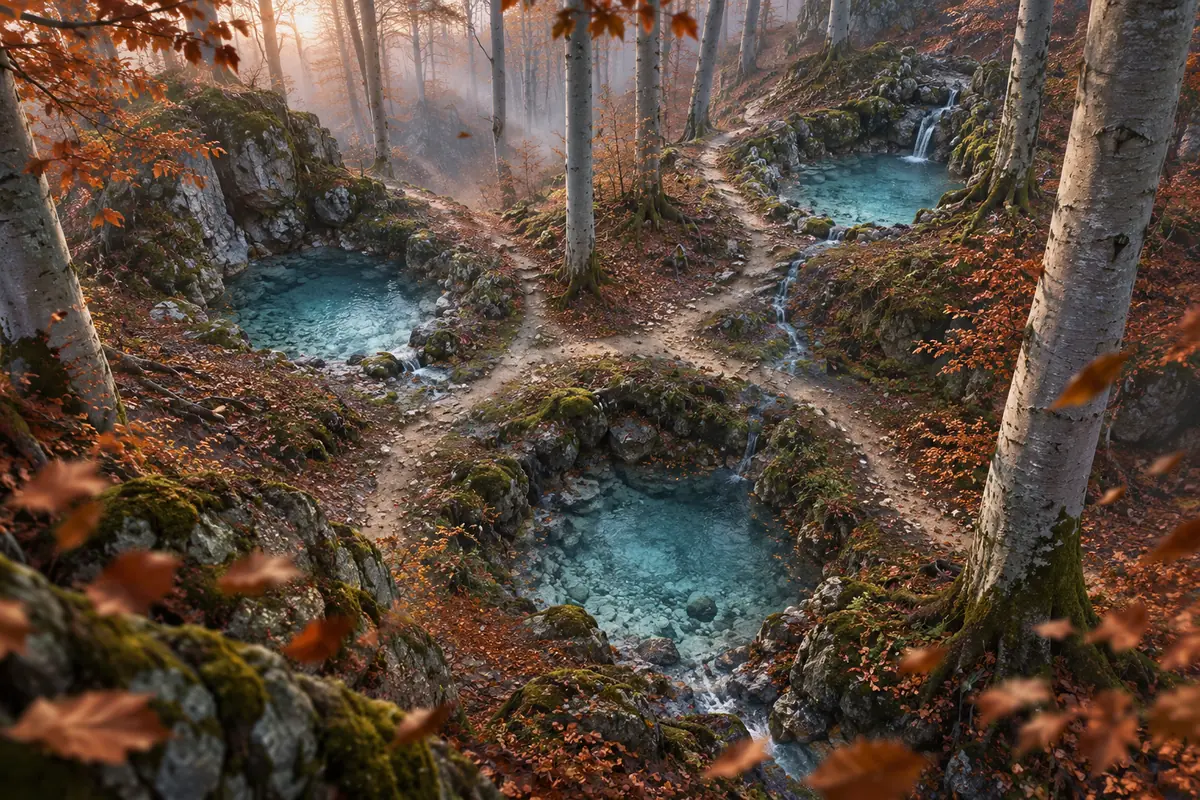 Le Bois des Sources Froides, vue générale. Un petit bois de hêtres entoure trois sources glacées reliées par des sentiers de chasse.