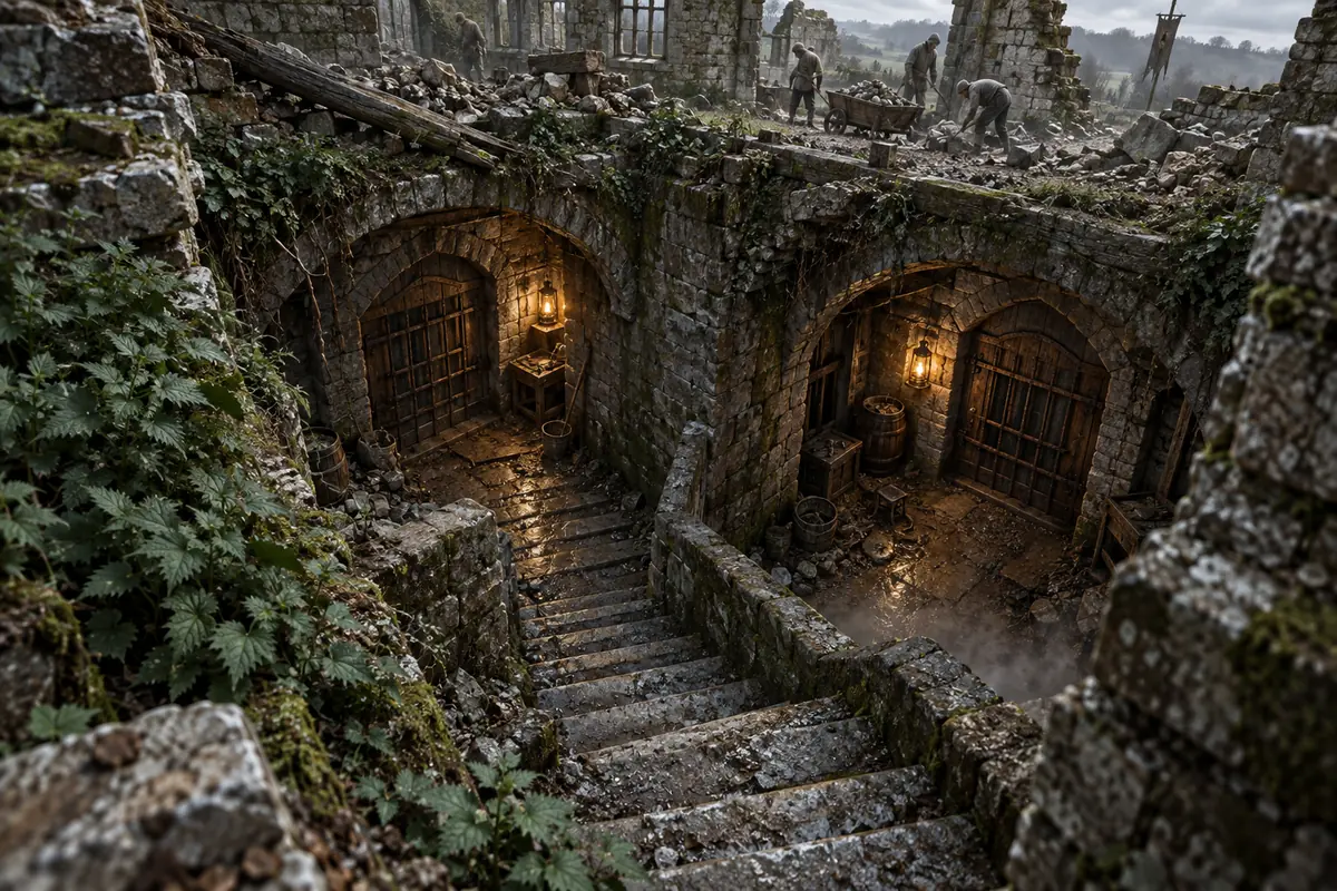 Le Cellier Fortifié de Vieille-Troute, vue générale. Un escalier envahi d’orties mène à deux salles voûtées dont les portes portent encore des barres de fer.