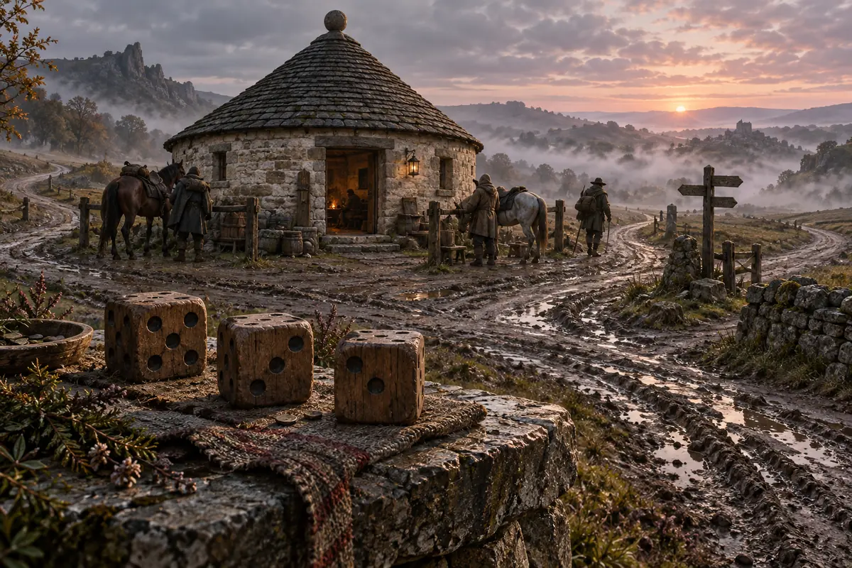 La Chapelle de Tymora aux Trois Dés, vue générale. Une chapelle ronde de pierre claire offre trois dés de bois aux voyageurs avant leur départ.