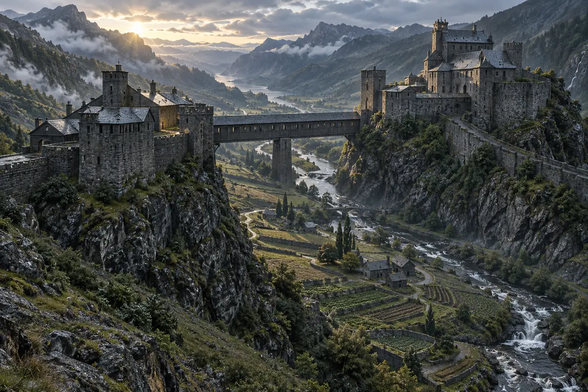 Le Château de Grisecombe, vue générale. Une forteresse de schiste gris commande une combe étroite, avec deux enceintes reliées par un pont couvert.