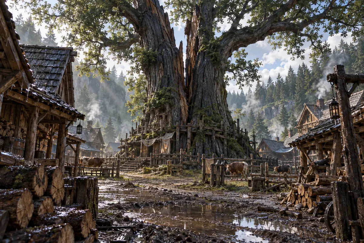 Chêne-Fendu, vue générale. Un village de bûcherons entoure un chêne fendu par la foudre, conservé comme point de rassemblement.