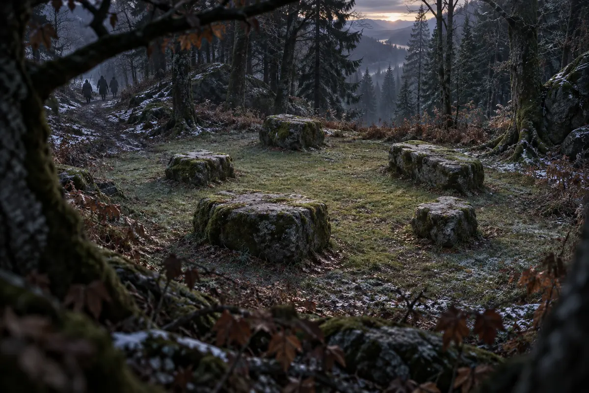 La Clairière des Roches Couchées, vue générale. Une clairière ovale contient cinq blocs moussus assez plats pour servir de sièges et de tables.