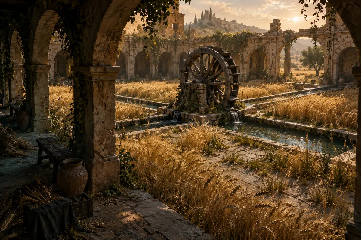 Le Cloître des Moissons Interrompues, vue générale. Un cloître de grès envahi par le blé sauvage entoure une cour où une roue d’irrigation immobile partage quatre canaux.