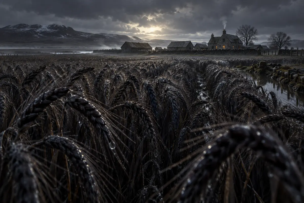 La Ferme de l’Orge Noir, vue générale. Une ferme aux granges basses borde un champ d’orge sombre adapté aux sols froids des Vaux.