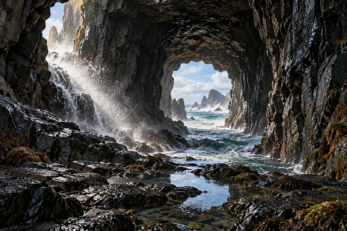 La Grotte du Vent Salé, vue générale. Une cavité traversante perce une falaise et laisse passer un courant d’air chargé d’embruns.