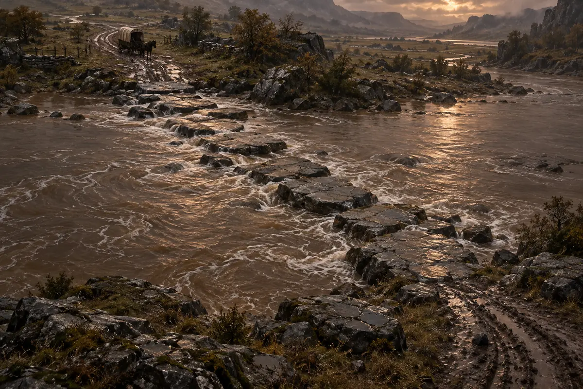 Le Gué des Pierres Plates, vue générale. De larges dalles naturelles dessinent un passage oblique dans les eaux brunes du Dessarin.