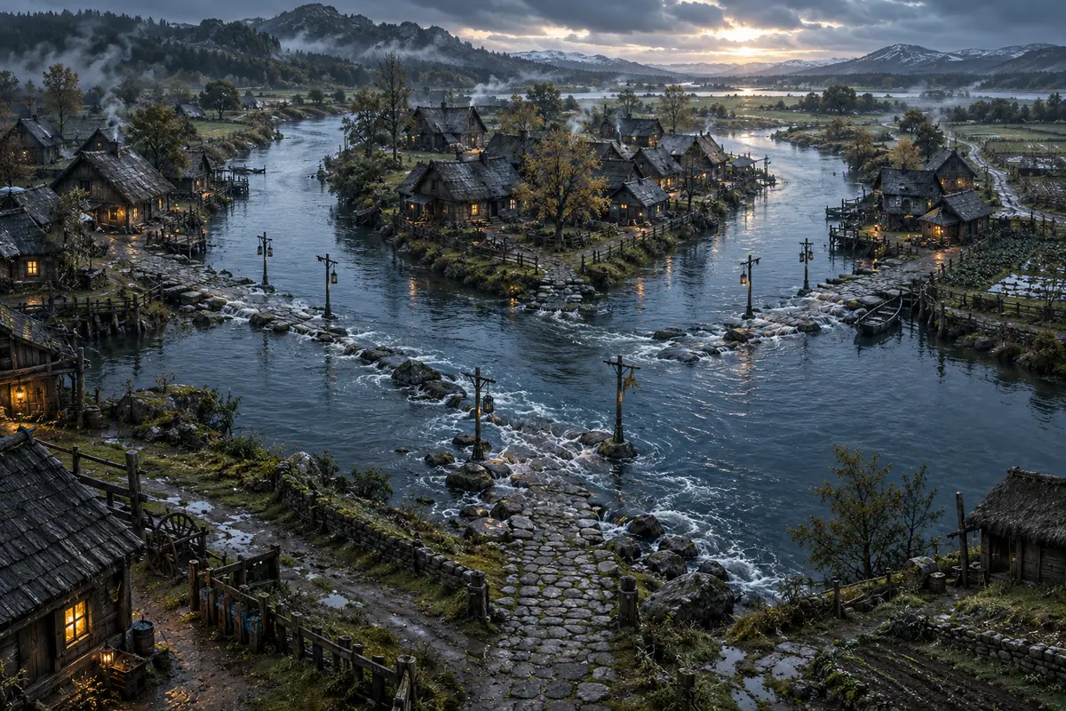 Le Hameau des Trois Gués, vue générale. Trois groupes de maisons en bois se font face autour de gués pavés et de perches indiquant le courant.