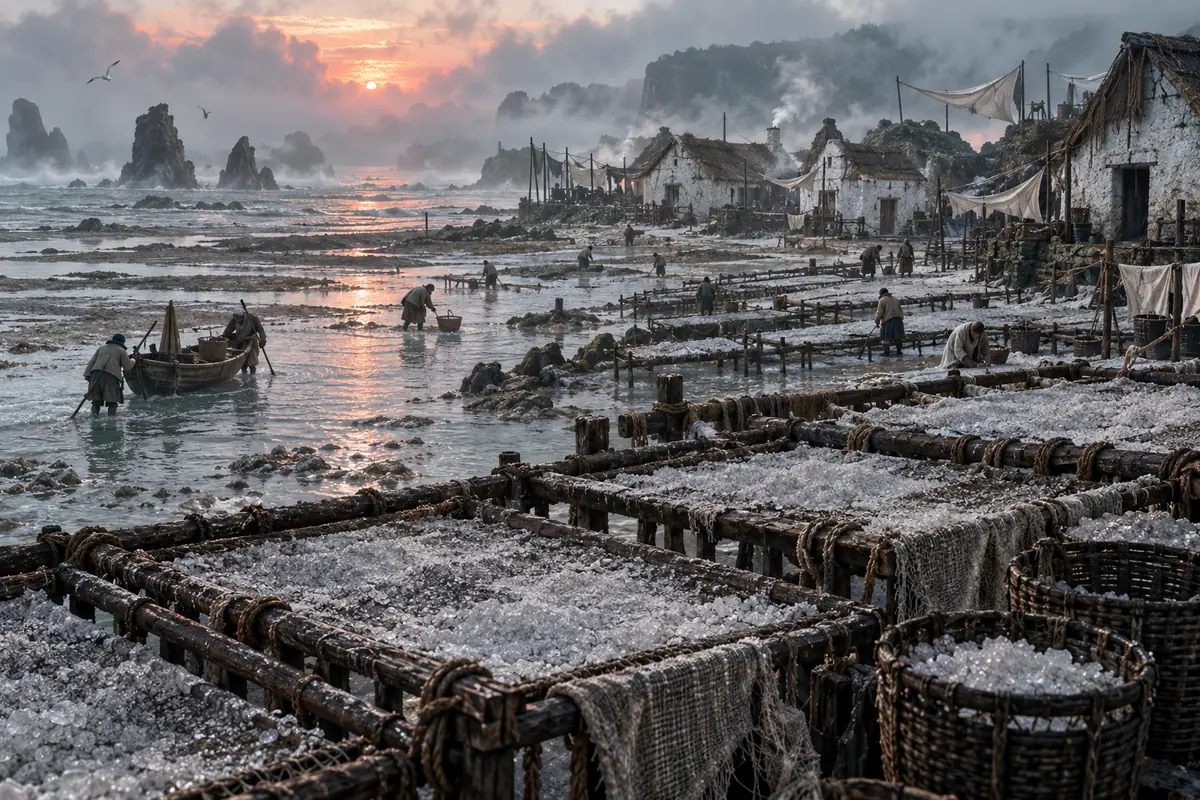 Le Hameau du Sel Tardif, vue générale. Des cabanes blanchies à la chaux entourent des claies où sèche un sel gris récolté à marée basse.