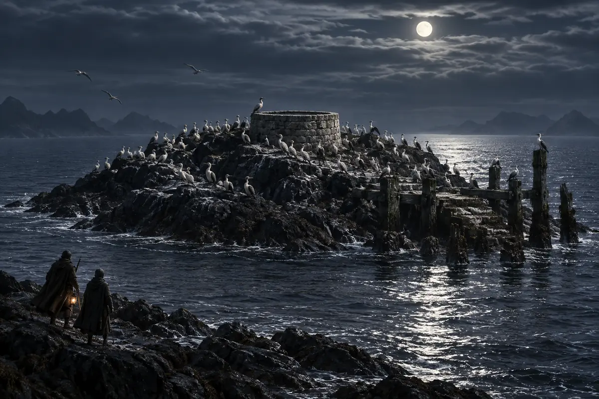 L’Îlot des Cormorans Blancs, vue générale. Un îlot rocheux couvert de cormorans pâles porte une citerne et les restes d’un petit quai.