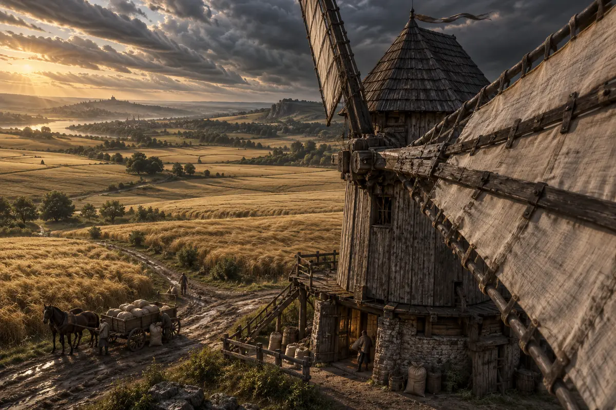 Le Moulin du Vent d’Est, vue générale. Un moulin de bois peint domine des champs ouverts, ses ailes orientées vers les vents venus de l’est.