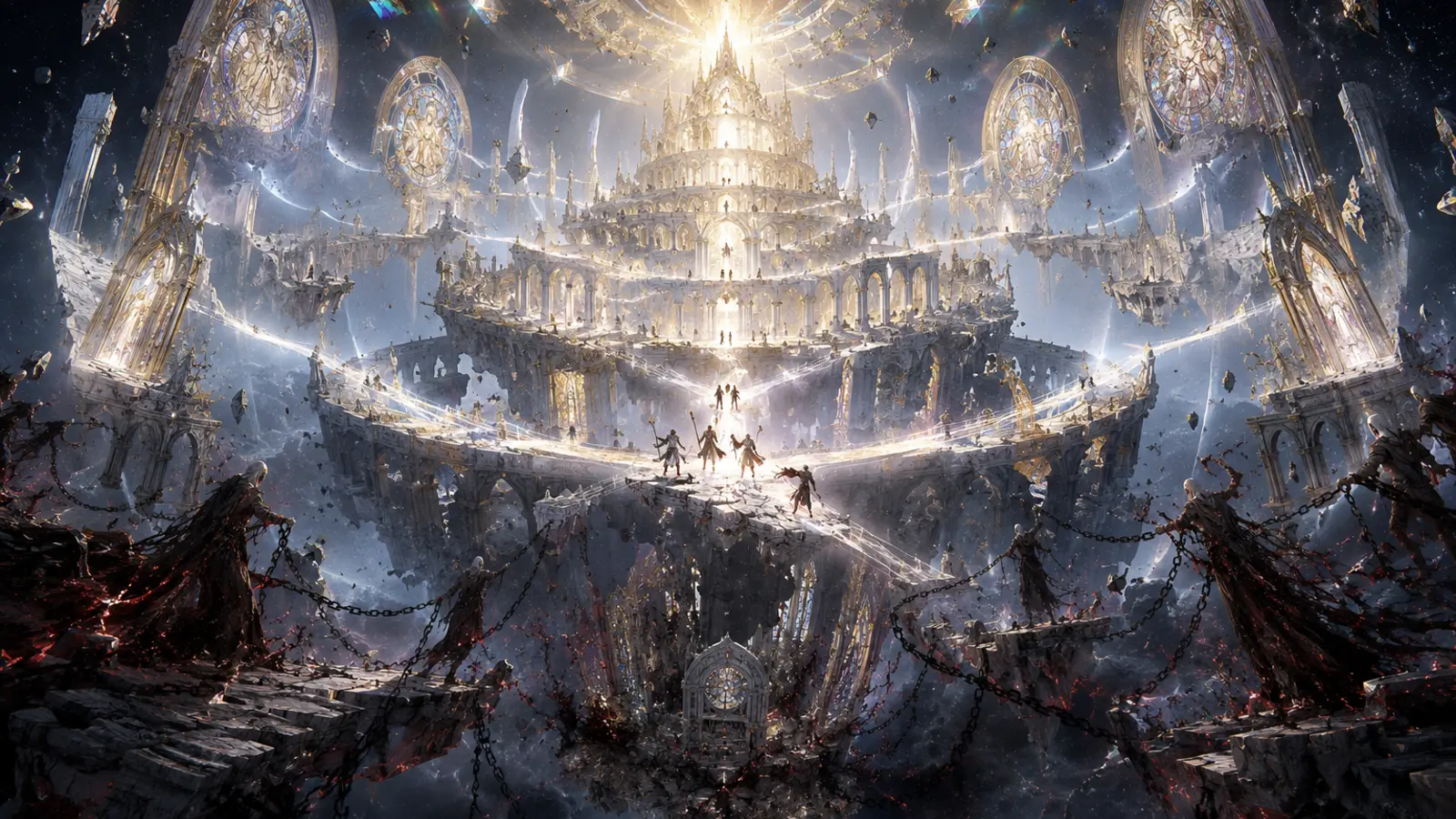 Sanctuaire céleste vertical suspendu dans le vide, avec passerelles de lumière formees par des serments et anneaux de chapelles en chute.