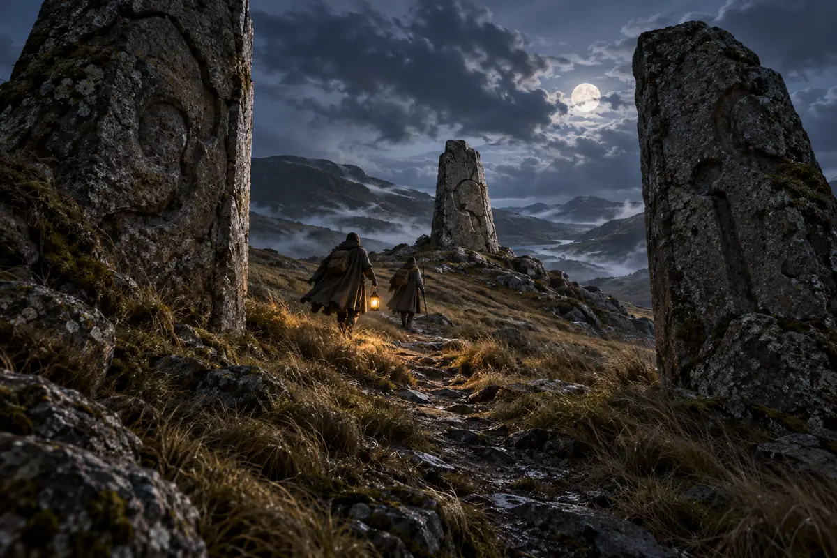 La Passe des Trois Bornes, vue générale. Un passage herbeux se resserre entre trois bornes de granit gravées de blasons usés.
