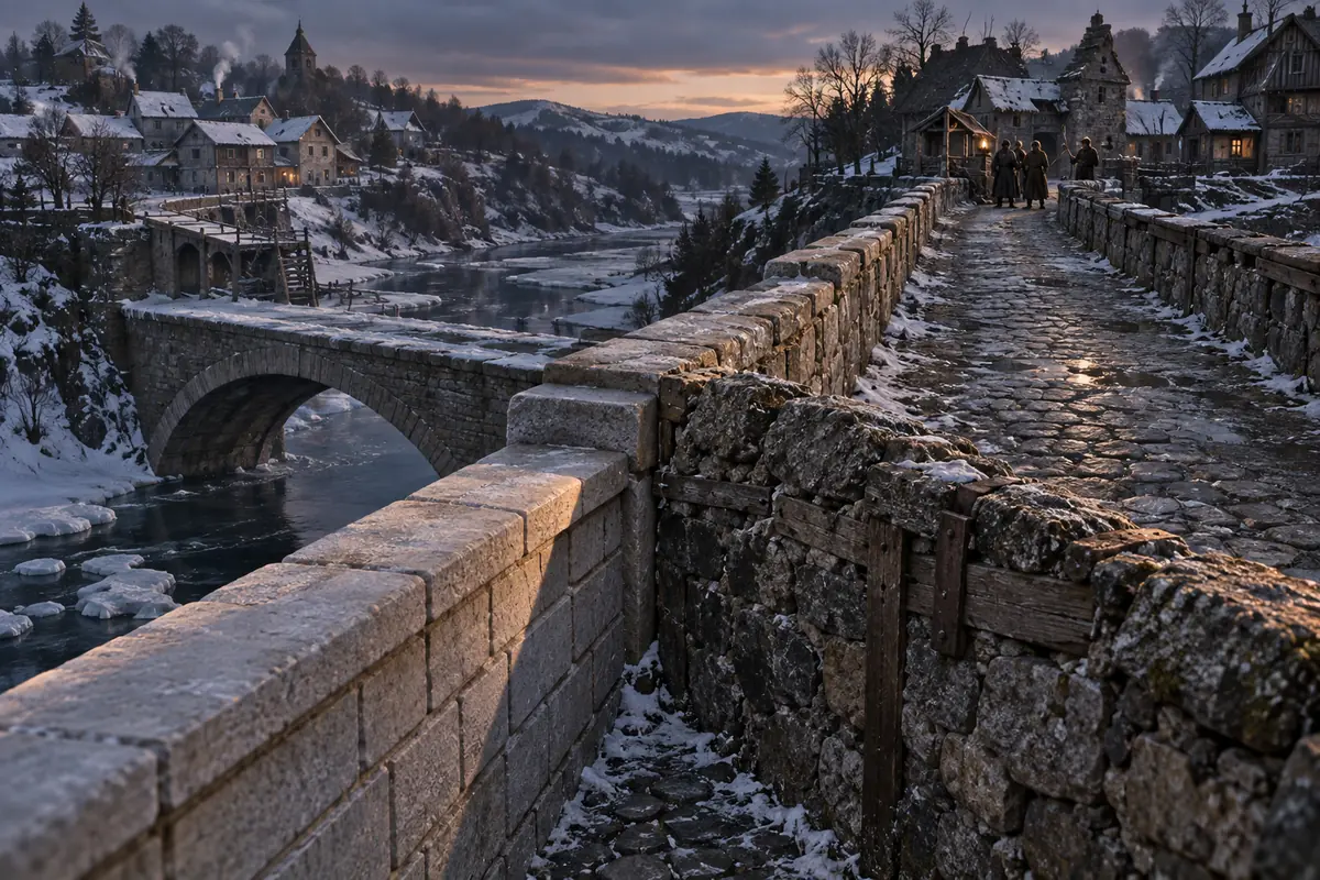 Le Pont de la Dette, vue générale. Un pont voûté en pierre relie deux bourgs qui entretiennent chacun une moitié du parapet.