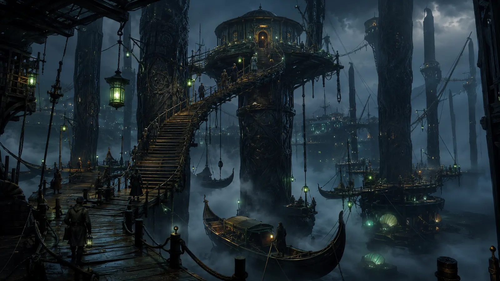 Port vertical de fantasy accroché à sept pieux noirs, quais suspendus et lanternes vertes dans une brume maritime.