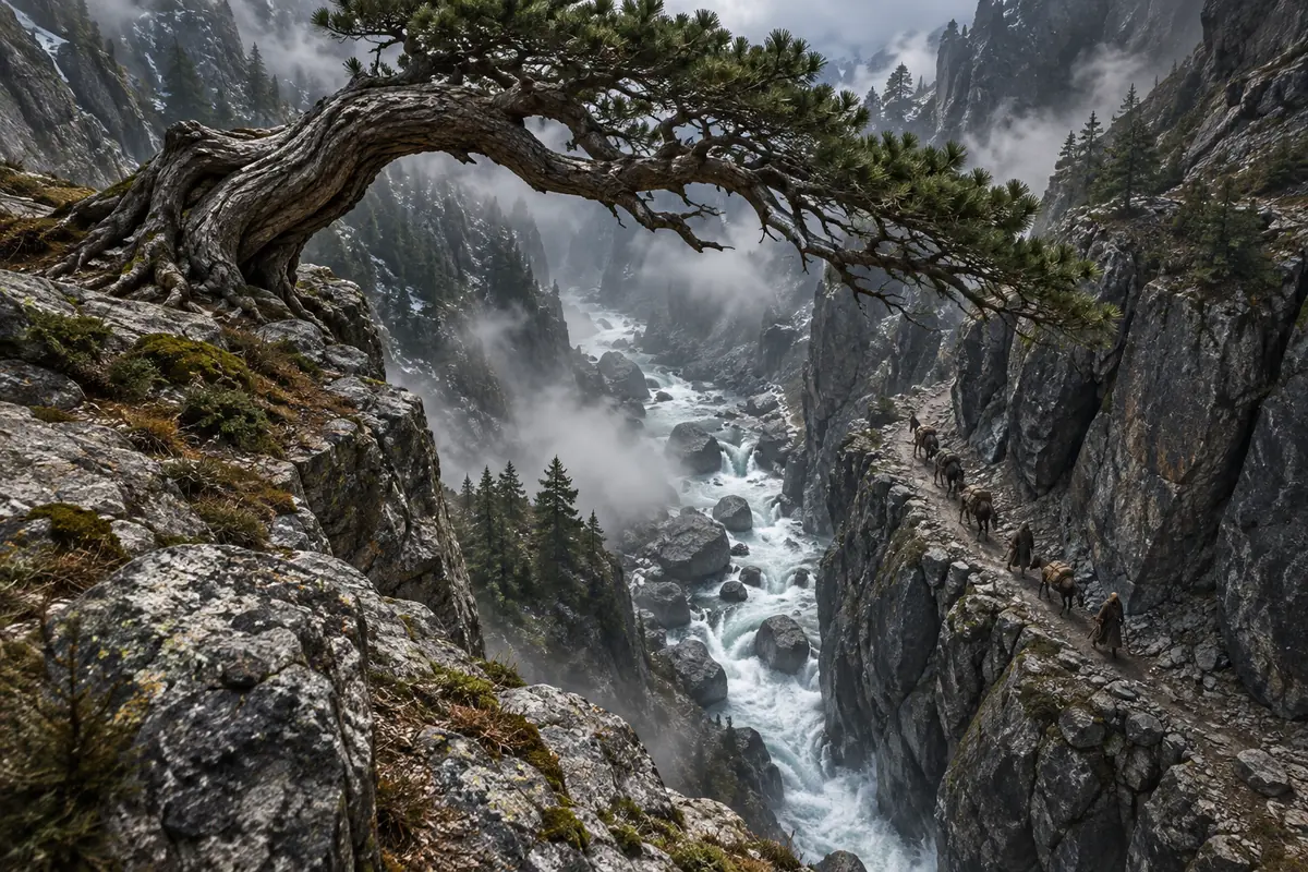 Le Ravin du Pin Tordu, vue générale. Un ravin étroit suit un torrent sous un pin courbé qui sert de repère aux caravanes de montagne.