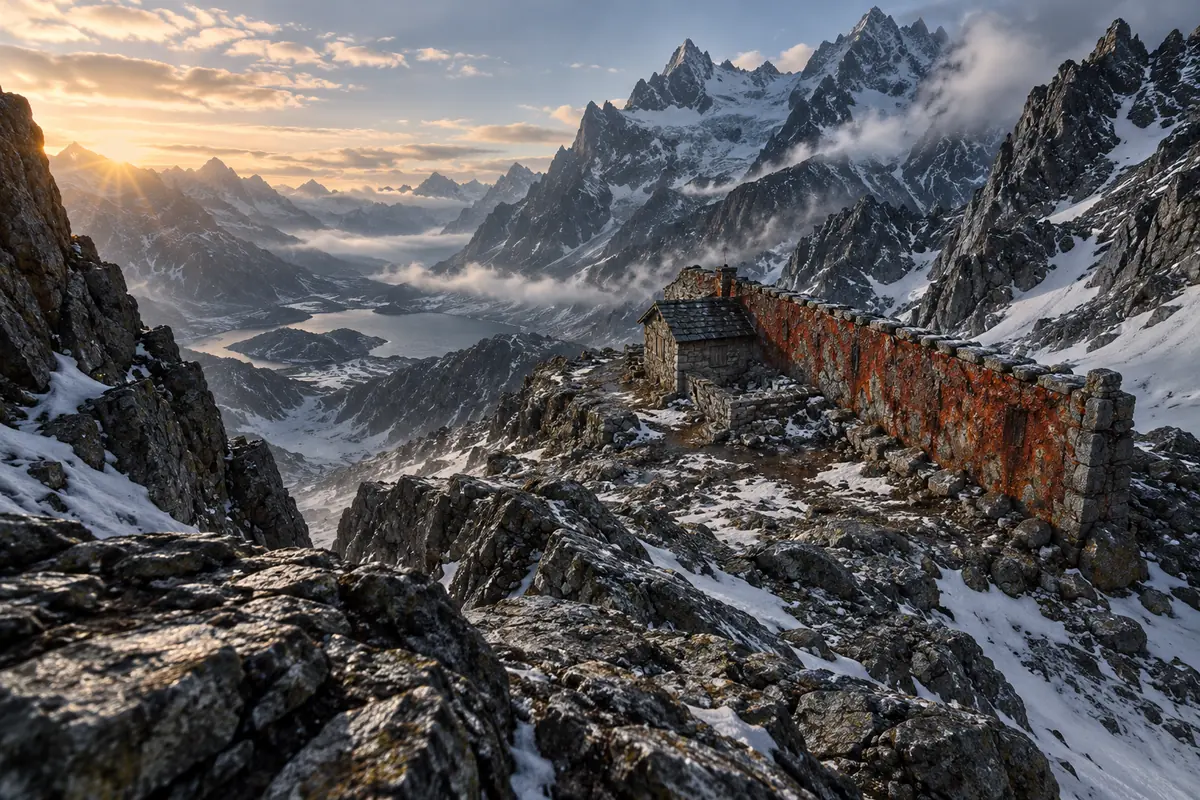Le Refuge du Col Rouge, vue générale. Une bâtisse de pierre basse se serre derrière un mur coupe-vent taché de minerai rouge.