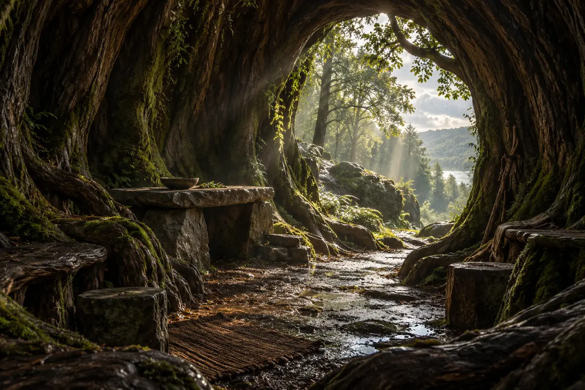 Le Sanctuaire du Chêne Creux, vue générale. Un chêne ancien abrite un autel de Silvanus dans son tronc assez large pour six personnes.
