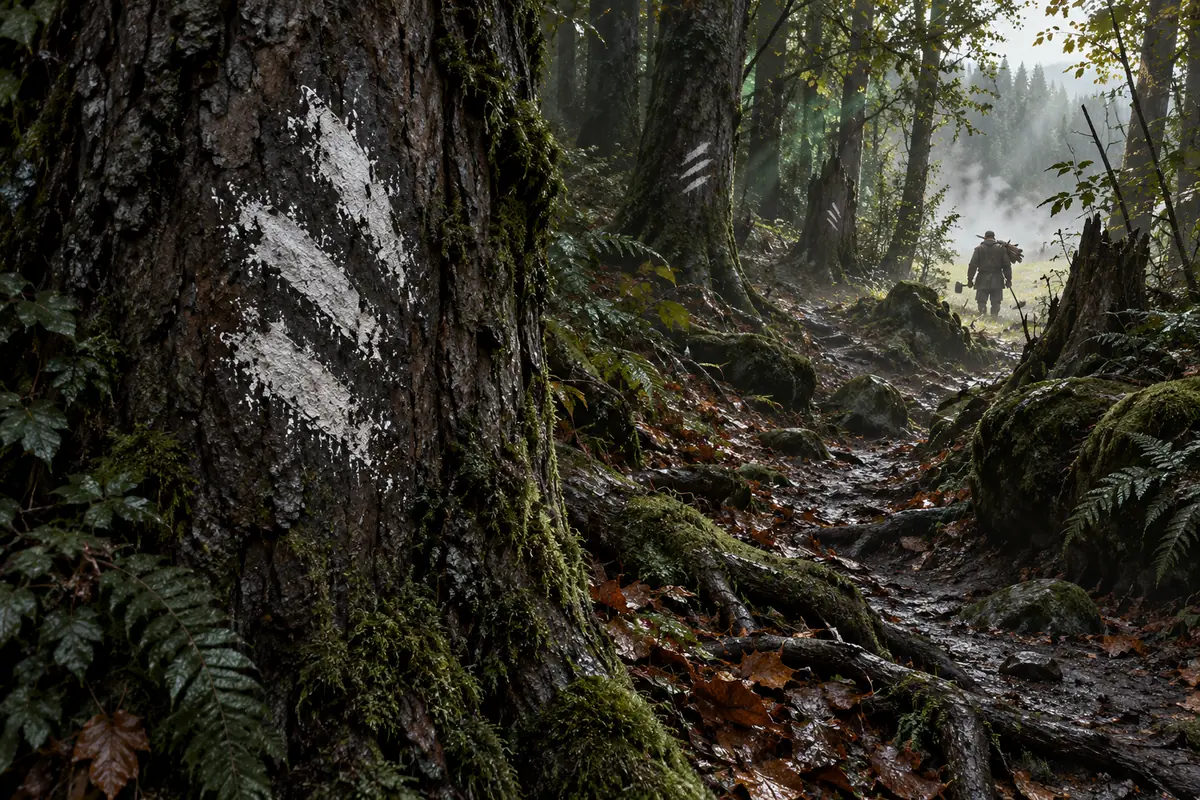 Le Sentier du Faucon Blanc, vue générale. Un chemin étroit suit des marques de craie blanche posées sur les troncs par les forestiers du Cormyr.