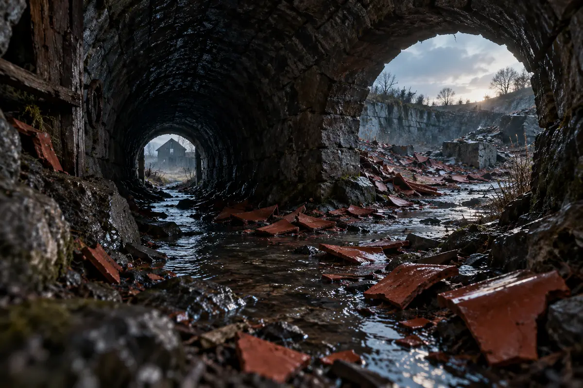 Le Souterrain des Tuiles Rouges, vue générale. Un tunnel de drainage maçonné relie une grange abandonnée à une carrière dont le sol est couvert de tuiles rouges.