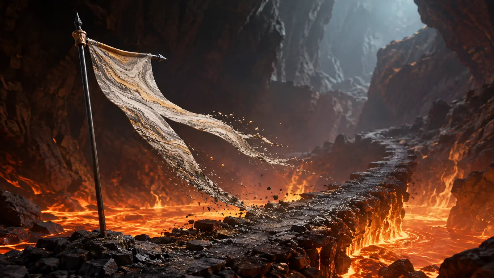Oriflamme de fibre minérale plantée au bord d’une coulée de lave, déployant une langue de basalte praticable.