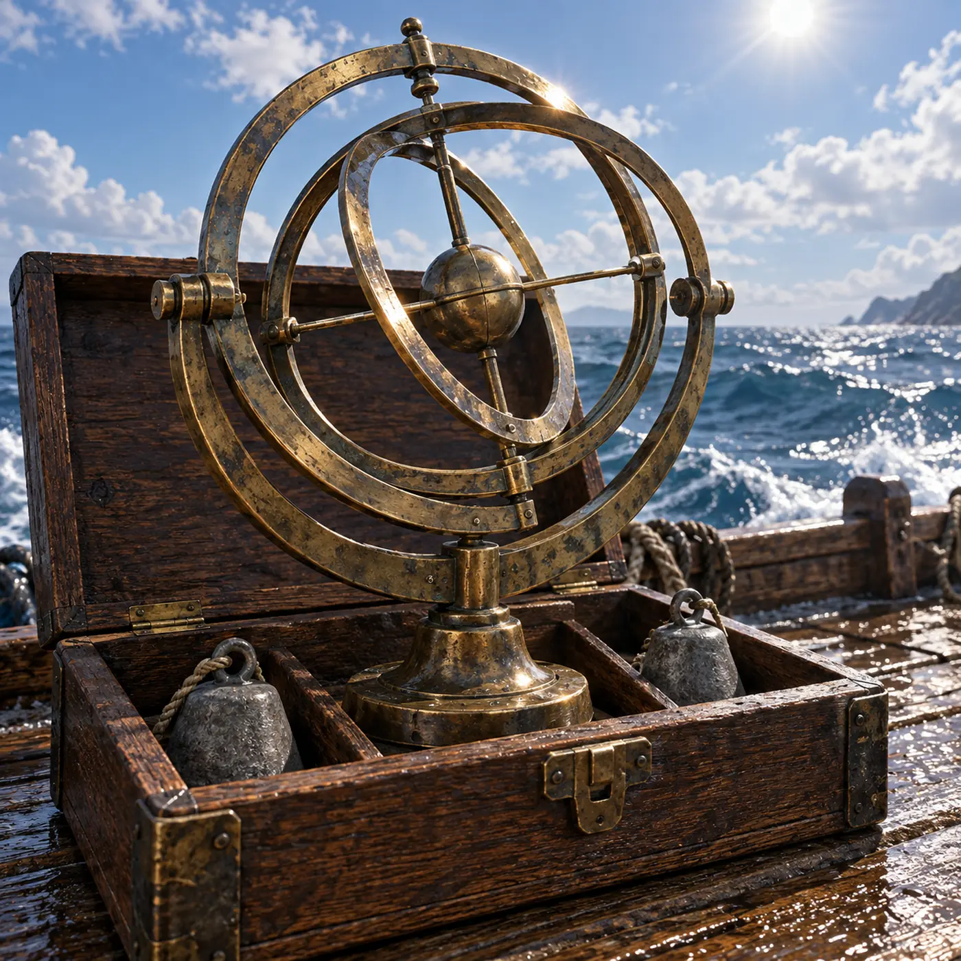 Astrolabe des Courants de la Mer des Épées, un astrolabe de bronze à trois anneaux, monté dans un coffret de chêne lesté et accompagné de poids de sonde.