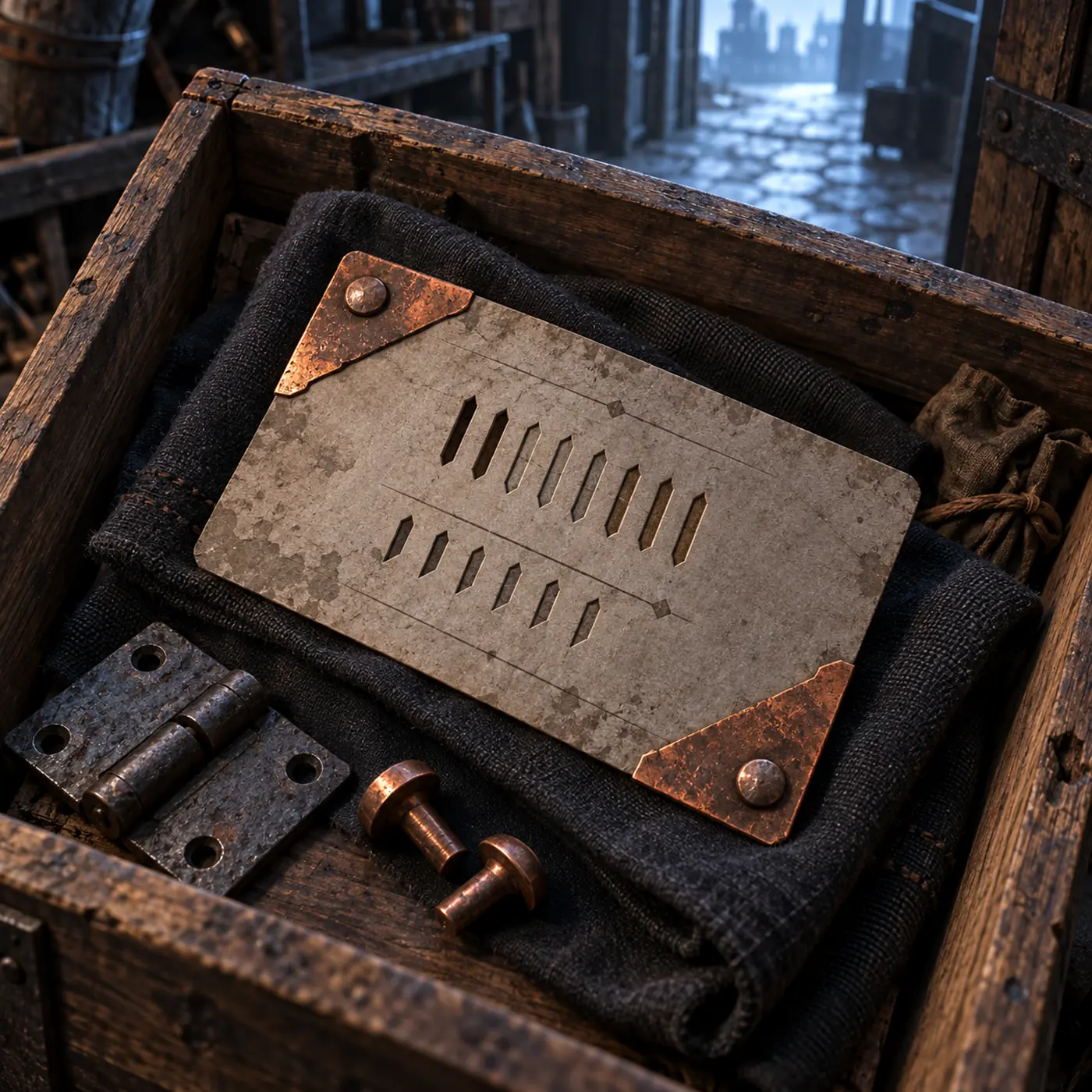 Bon de Réparation de la Porte de Baldur, un reçu cartonné muni de deux coins de cuivre et d’un numéro d’atelier.