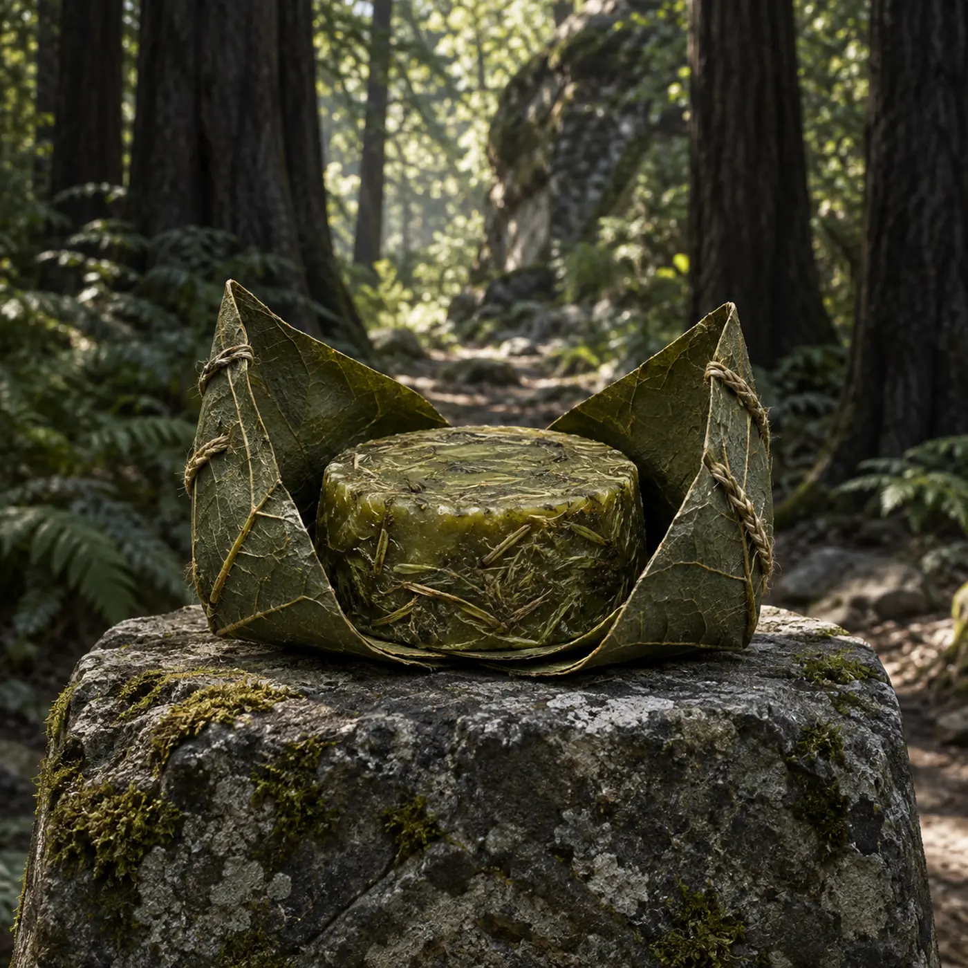 Cire de Piste du Bois-Manteau, une galette de cire verte mêlée de fibres, conservée dans une feuille cousue.