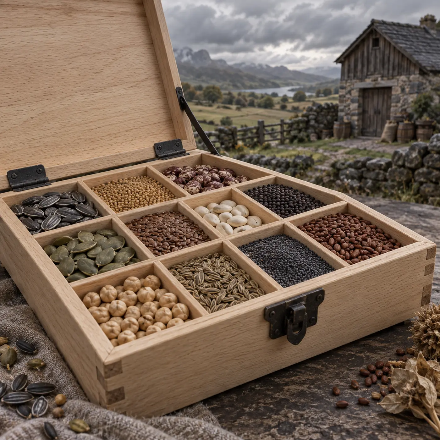 Coffret de Graines de Chauntéa, un coffret de hêtre divisé en douze cases remplies de graines sèches soigneusement triées.