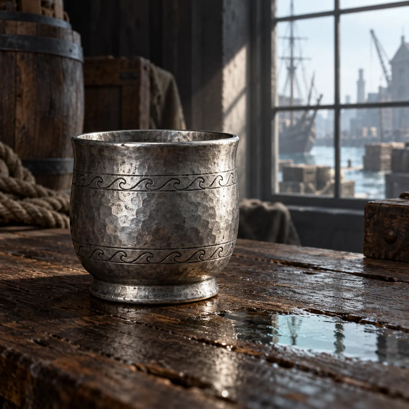 Coupe d’Étain de Neverwinter, une coupe trapue d’étain martelé, décorée de vagues très simples.