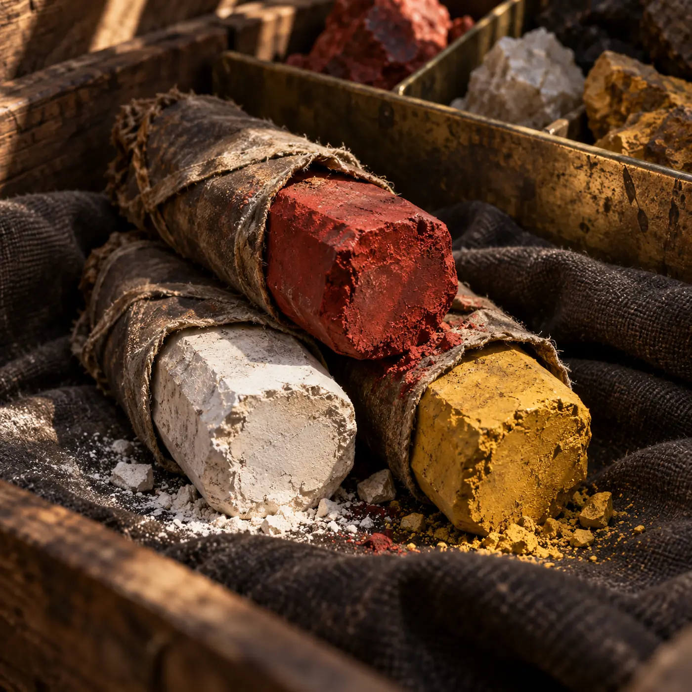 Craie des Prospecteurs Nains, trois bâtons de craie grasse, rouge, blanche et jaune, enveloppés dans une toile cirée.