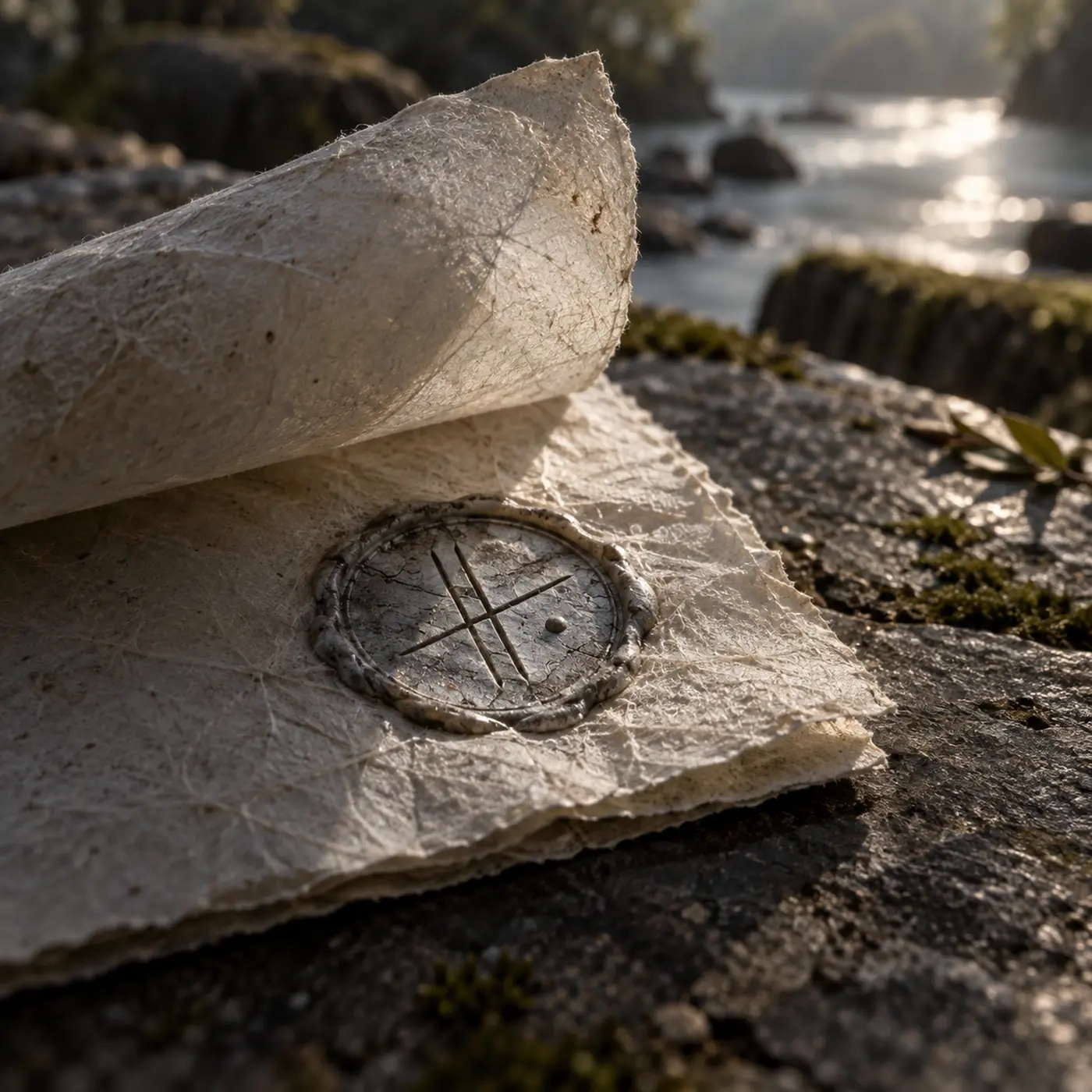 Empreinte de Cire des Harpistes, une mince empreinte de cire grise conservée entre deux feuilles de papier.
