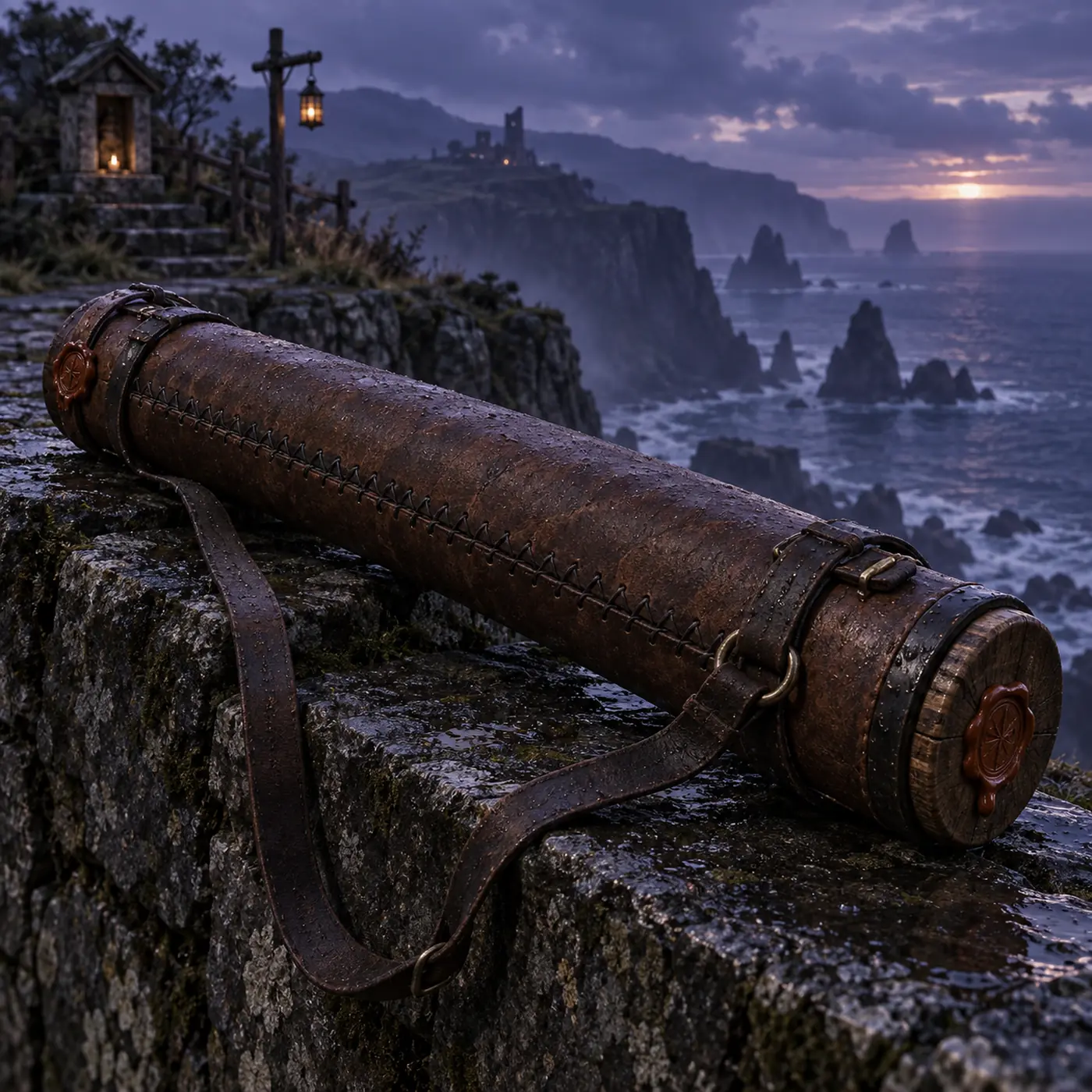 Étui Sec des Cartographes, un tube de cuir bouilli fermé par deux bouchons de bois enduits de cire.