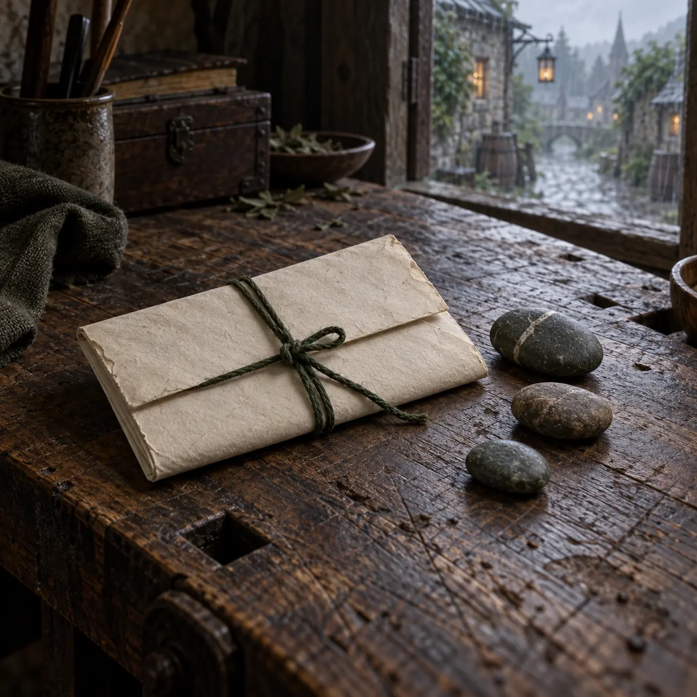 Lettre de Gîte des Vaux, une lettre courte sur papier épais, fermée par une ficelle verte sans sceau noble.