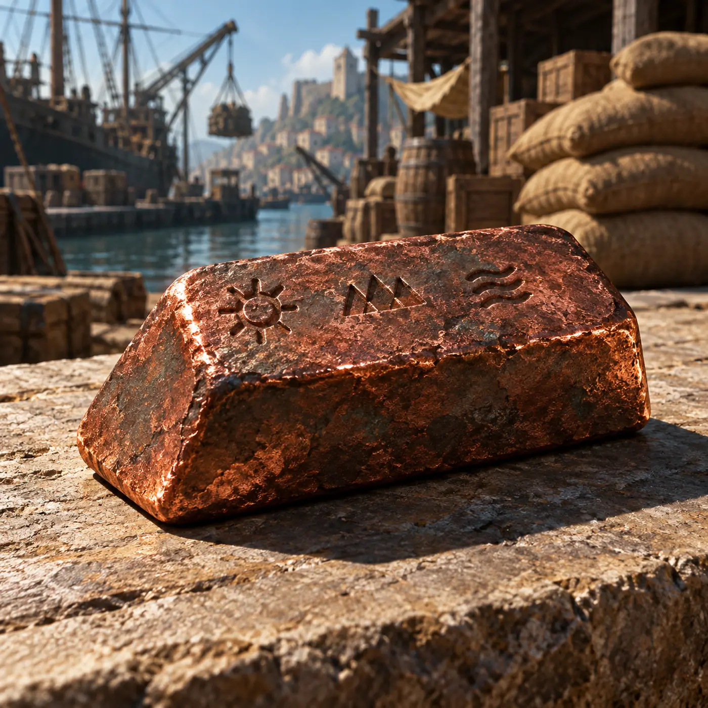 Lingot de Cuivre du Tethyr, un petit lingot de cuivre rouge portant trois poinçons de douane.