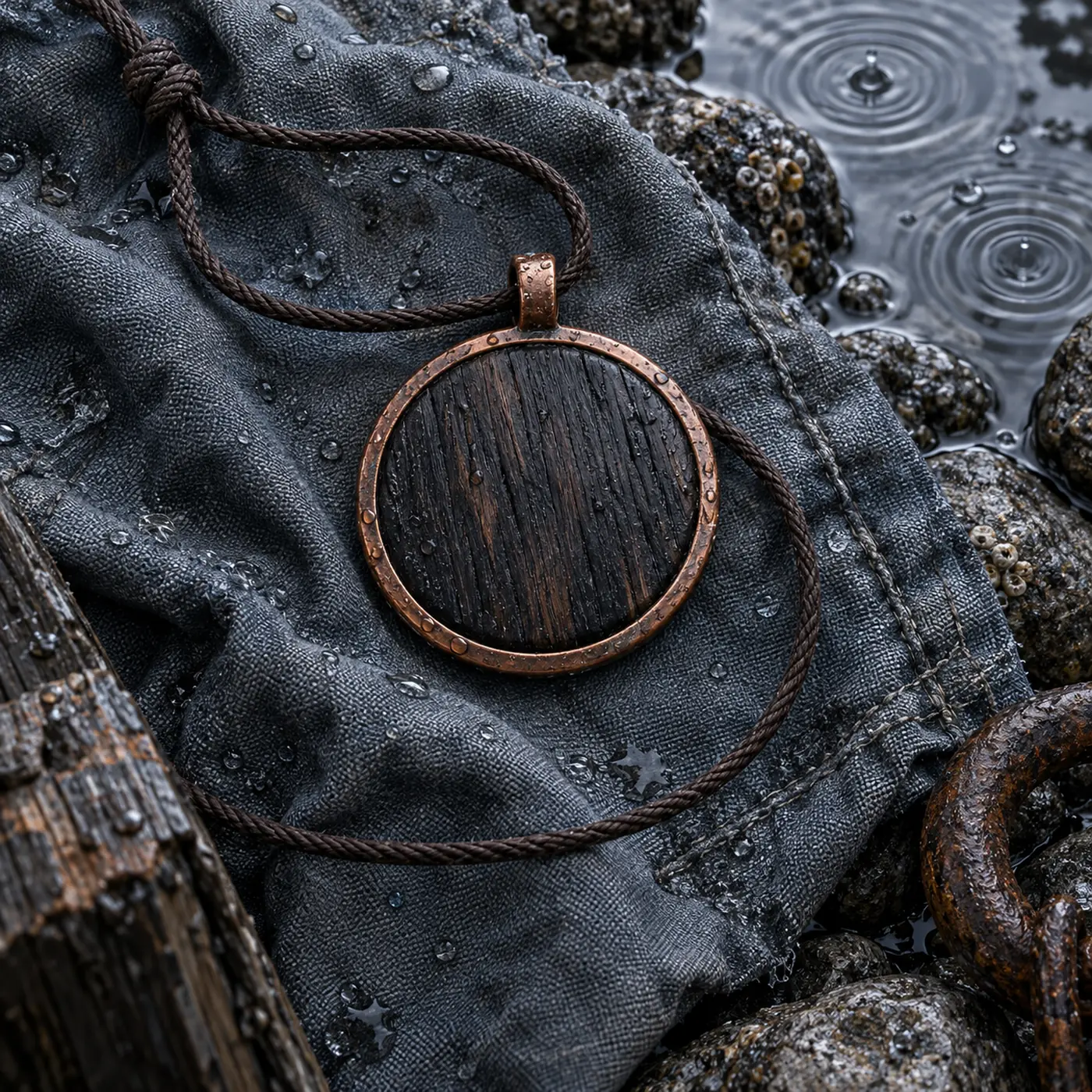 Médaillon de Marée de Valkur, un disque de bois sombre cerclé de cuivre, poli par le sel et les doigts.