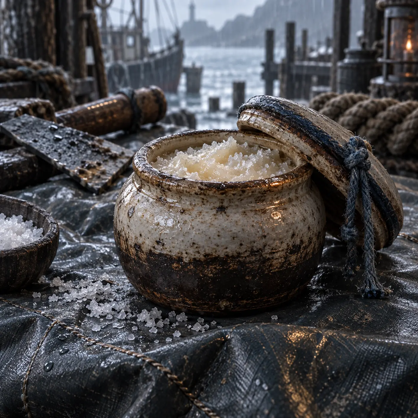 Onguent de Sel de Port-Llast, un petit pot de graisse pâle mêlée de sel fin et fermé par une ficelle bleue.