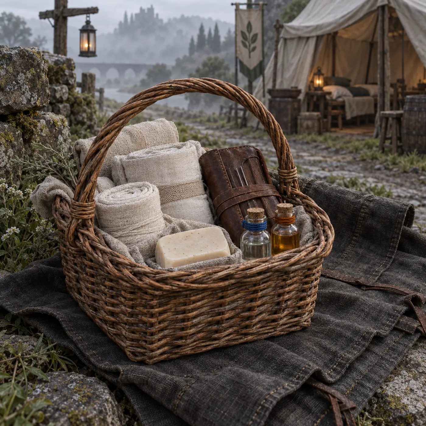 Panier de Remèdes d’Ilmater, un panier d’osier contenant bandages propres, savon, aiguilles et deux fioles étiquetées par couleur.